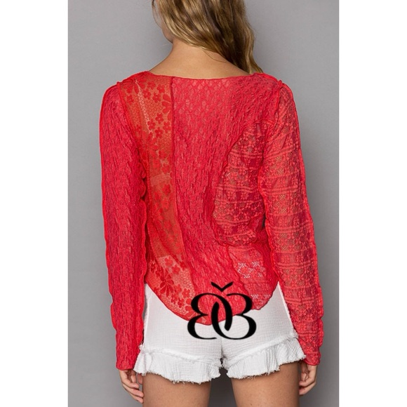 POL Red Lace Boat Neck Long Sleeve Top - Picture 4 of 7